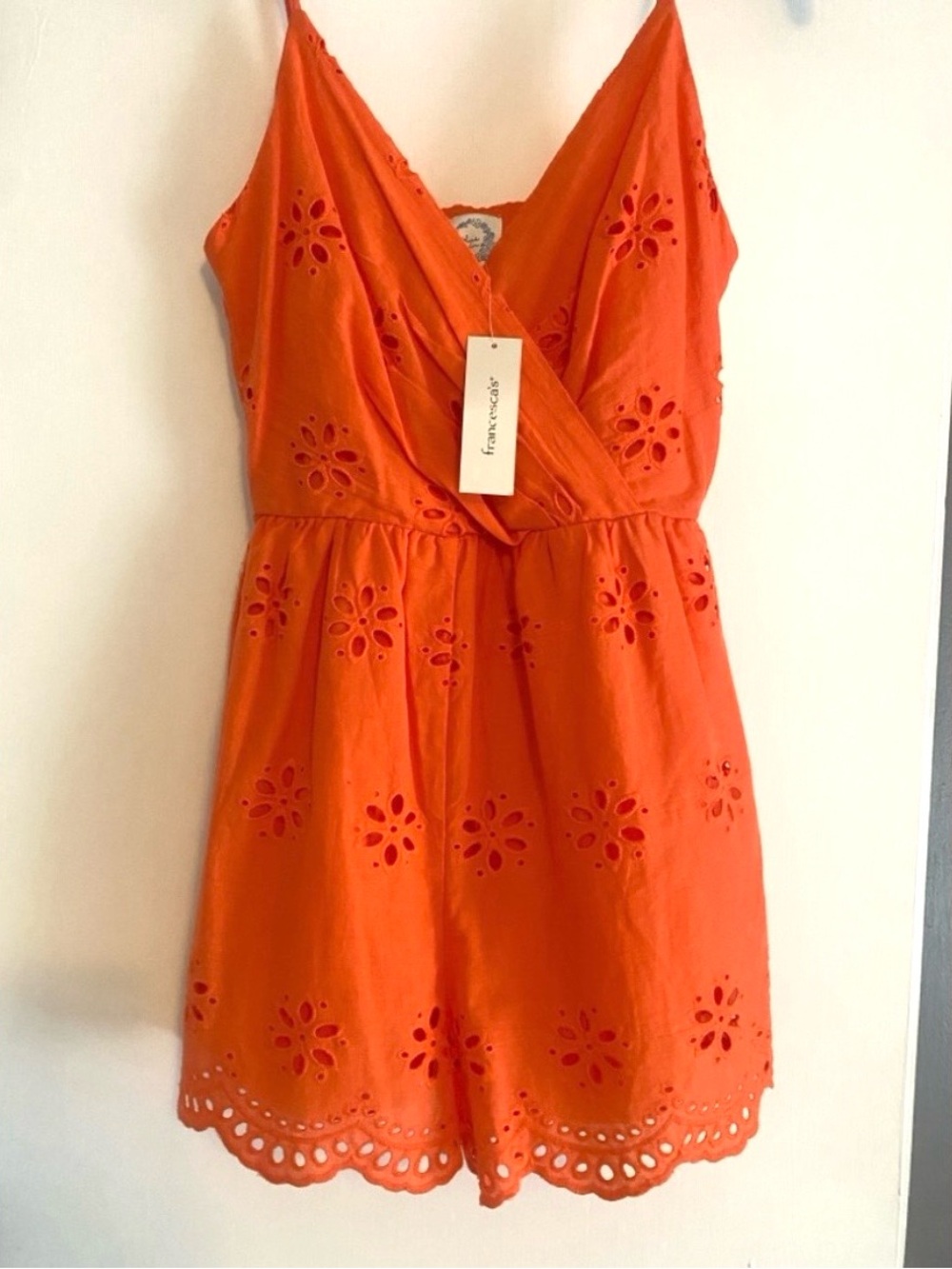 Sleeveless Romper Coral Orange Eyelet Detail Francesca's Blue Rain size XS
